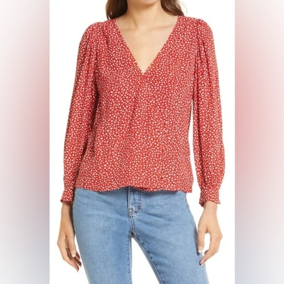 Large Red and white v neck blouse madewell cottagecore side button wrap shirt - Picture 1 of 9